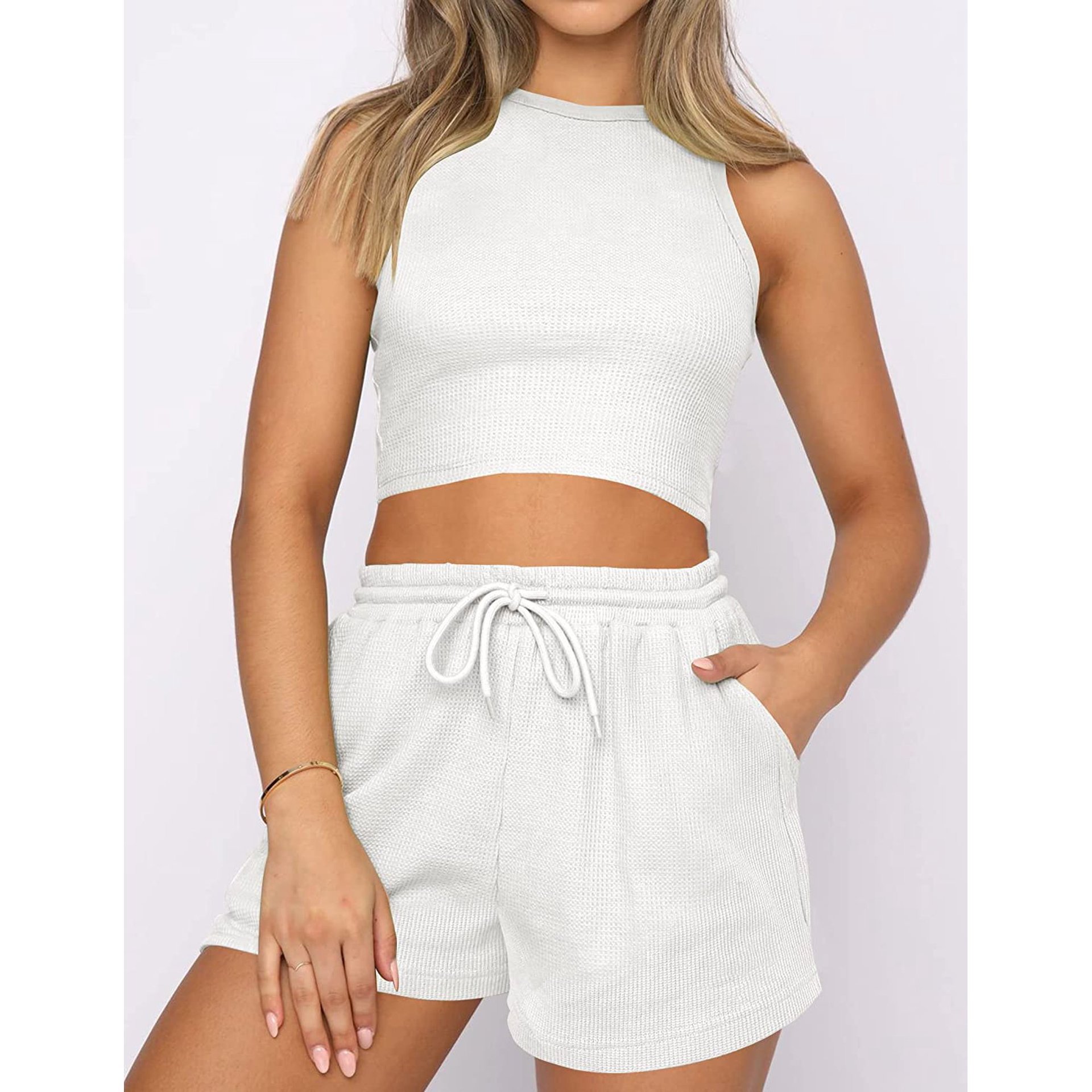 Conjunto de 2 peças feminino colete sem mangas e calça waffle_voghion.com