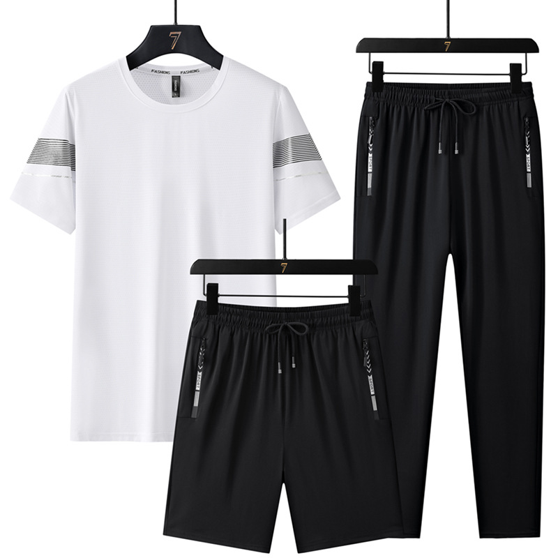 Trajes deportivos de seda de hielo de verano para hombres, mangas cortas, pantalones cortos, pantalones largos, carreras casuales, secado rápido, delgado, conjunto de tres piezas al por mayor