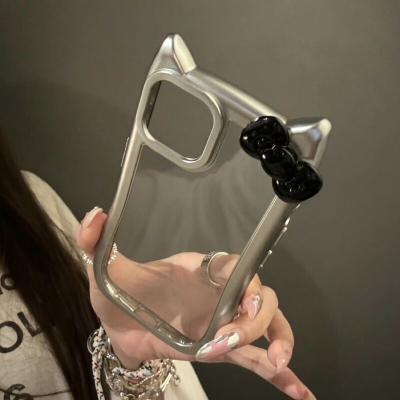 Electroplated silver cat ear apple 16/15/14/13promax phone case 12/11 soft xr/xs electroplated silver frame 8p Electroplated silver cat ear apple 16/15/14/13promax phone case 12/11 soft xr/xs electroplated silver frame 8p