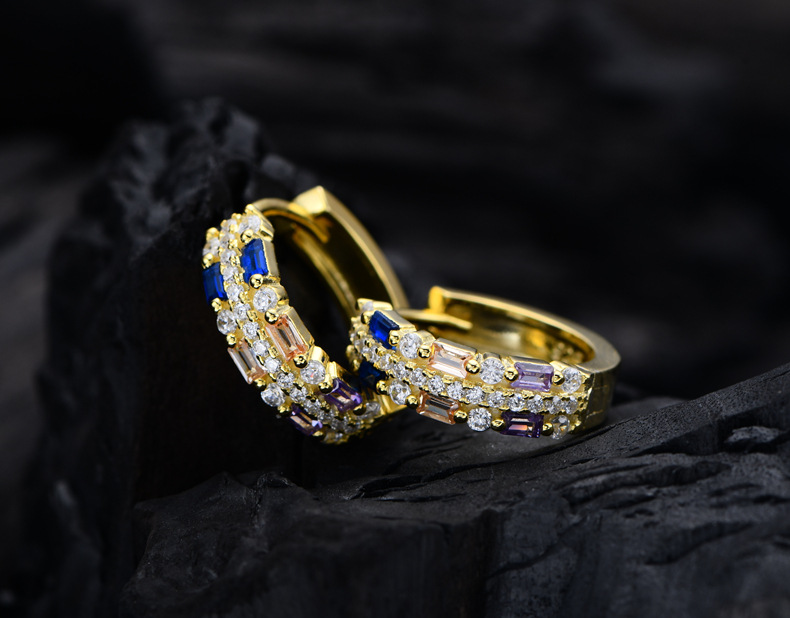 Fashion Color Block Sterling Silver Inlaid Zircon Hoop Earrings 1 Pair