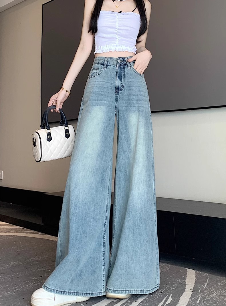Women's Summer Thin Light Blue Wide Leg Jeans High Waist Slimming Loose Fit Straight Leg Floor Length Pants Plus Size_ecoleips.com