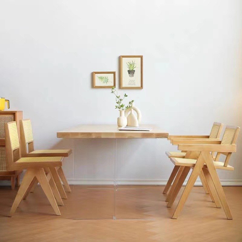 Mesa de comedor de madera sólida de suspensión acrílica japonesa pequeña casa nórdica simple rectangular mesa de comedor de madera de cera blanca