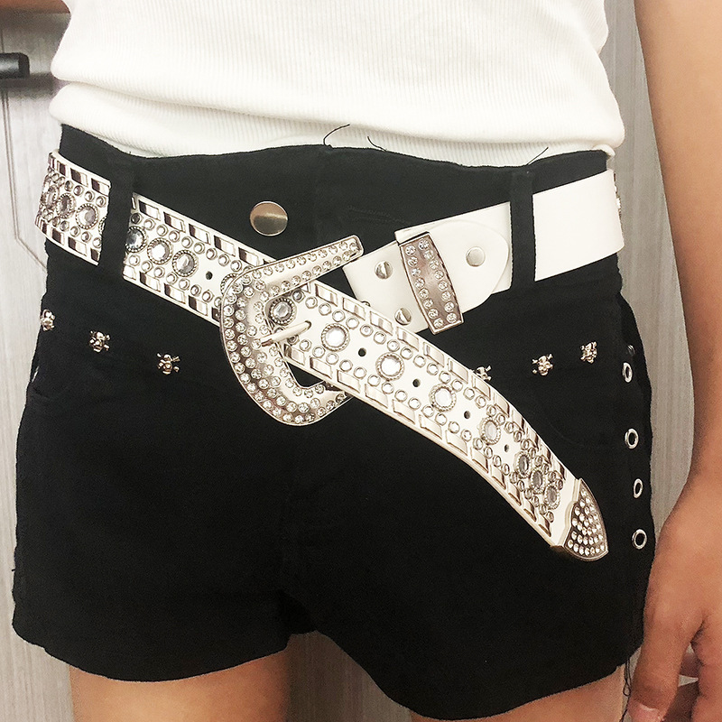 Y2K American Niche Personality Hot Girl Wide Belt Women's Decorative 2023 New Arrival Rhinestone Pants Fashion Belt White