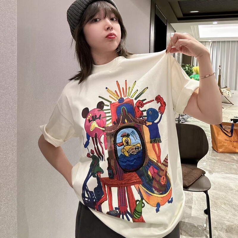 Cartoon Fashion Stylish Short-sleeved T-shirt Women's Loose 2025 Spring and Summer New Round Neck All-match Mid-length Top Trendy