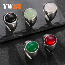 欧美跨境饰品复古老钱风不锈钢指环铸造椭圆天然石情侣戒指批发厂