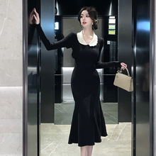 韩版新款法式娃娃领长袖针织连衣裙秋冬黑色修身内搭打底收腰裙子
