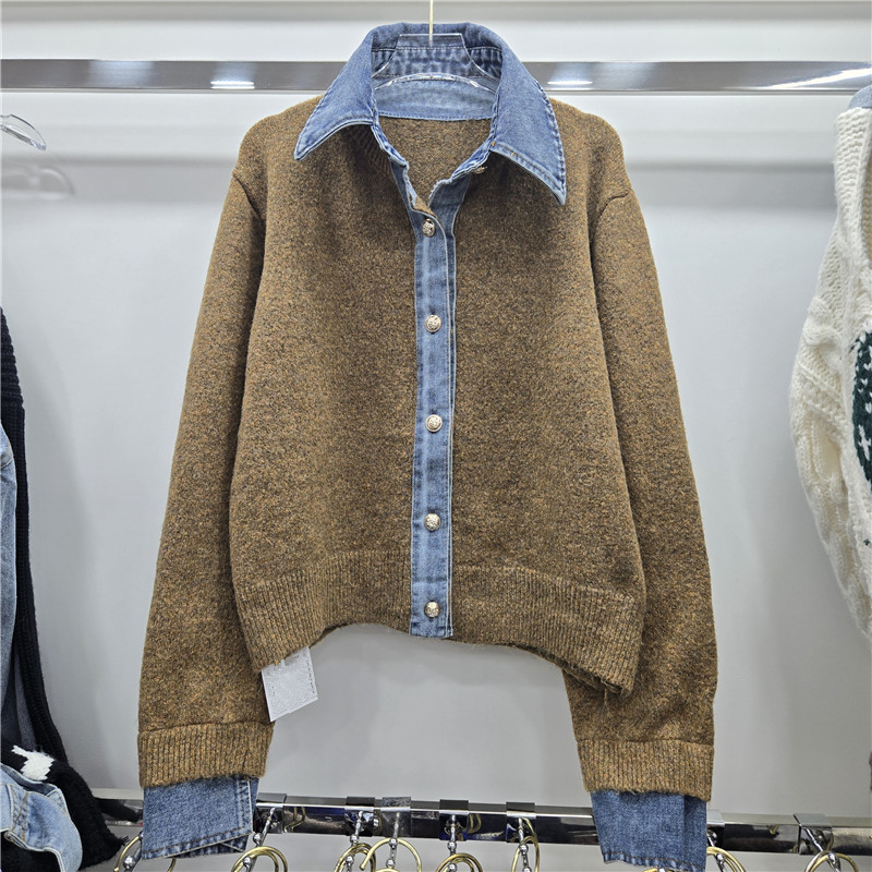 Suéter europeo abrigo de peso pesado femenino 2025 nuevo estilo coreano de principios de otoño falso de dos piezas de alta calidad camiseta de punto denim image 1