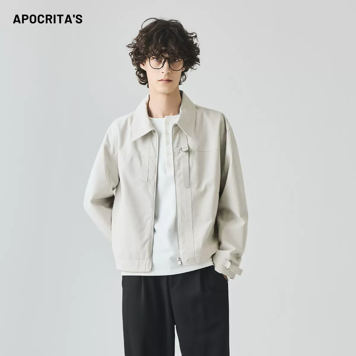 APO男装|跨境秋季外套男高级感痞帅美式宽松休闲翻领拉链夹克上衣
