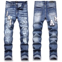 高端新款街头潮牌外贸欧美风格蓝色破洞刺绣贴布弹力男式牛仔裤