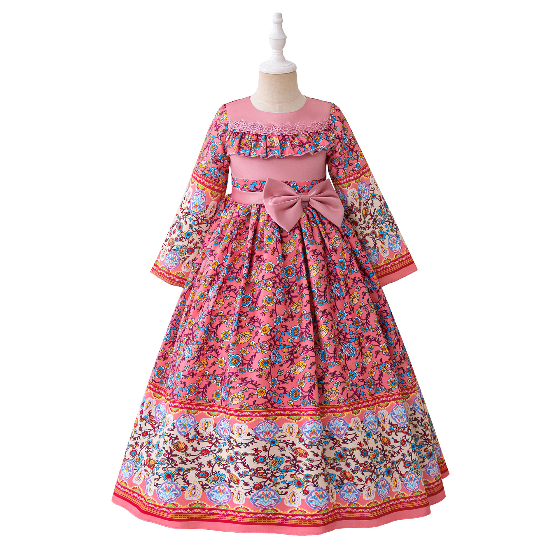 Vestido de noche para niños con flores retrógradas impresión de mangas largas arco de palacio vestido largo de piano para niñas