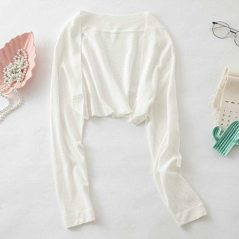 Camisa de protección solar de seda de hielo ultra corta de verano Chaqueta de punto de mujer con falda de correa chal ropa exterior manga larga chaleco pequeño Delgado