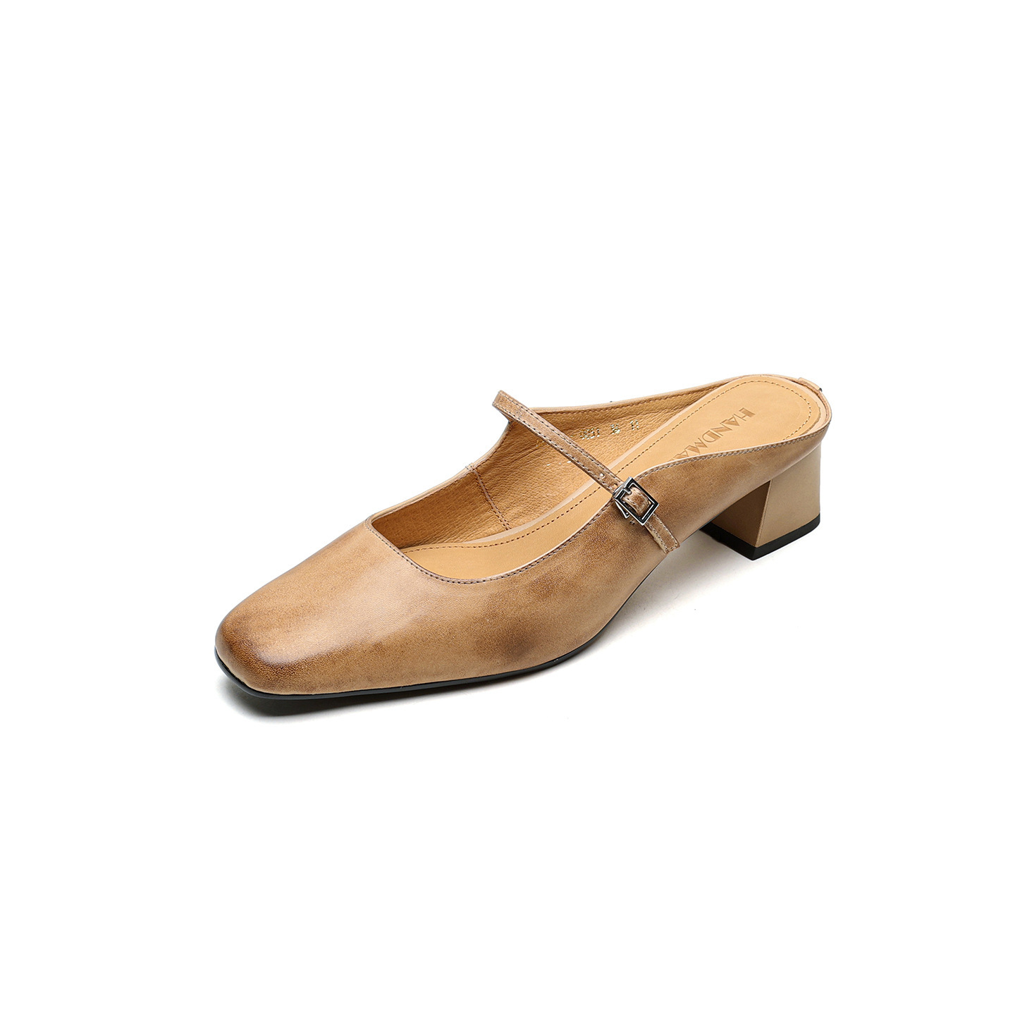 Sandal nữ quai ngang mũi vuông gót 4.5 cm da bò bít mũi hở gót — đen