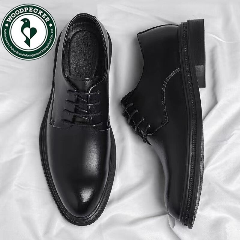 Woodpecker Formal Men's Leather Shoes, Soft Leather, Soft Sole, British Style, Wedding, Height-Increasing, Groom's Shoes, Business, Black Casual Shoes