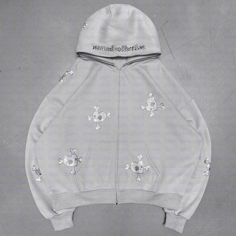 Personalisiert, trendig, modisch, sparsam, Hip-Hop-Stil, durchgehender Reißverschluss, Kapuzenpullover, Totenkopf, Heißprägung, locker_voghion.com
