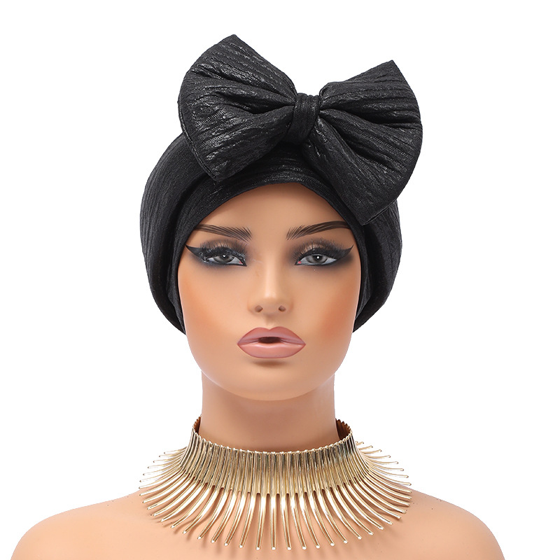 Muslim hat Fashion hot gold forehead big bow African bun hat stretch comfortable headscarf hat_viptrois.com