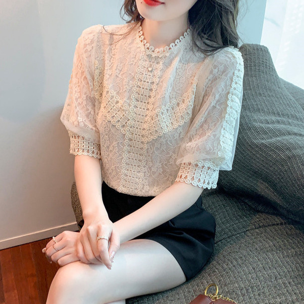 2026 Summer New Short-Sleeved Chiffon Shirt for Women with Unique Design, Niche Crochet Lace Puff Sleeves, Stylish Top