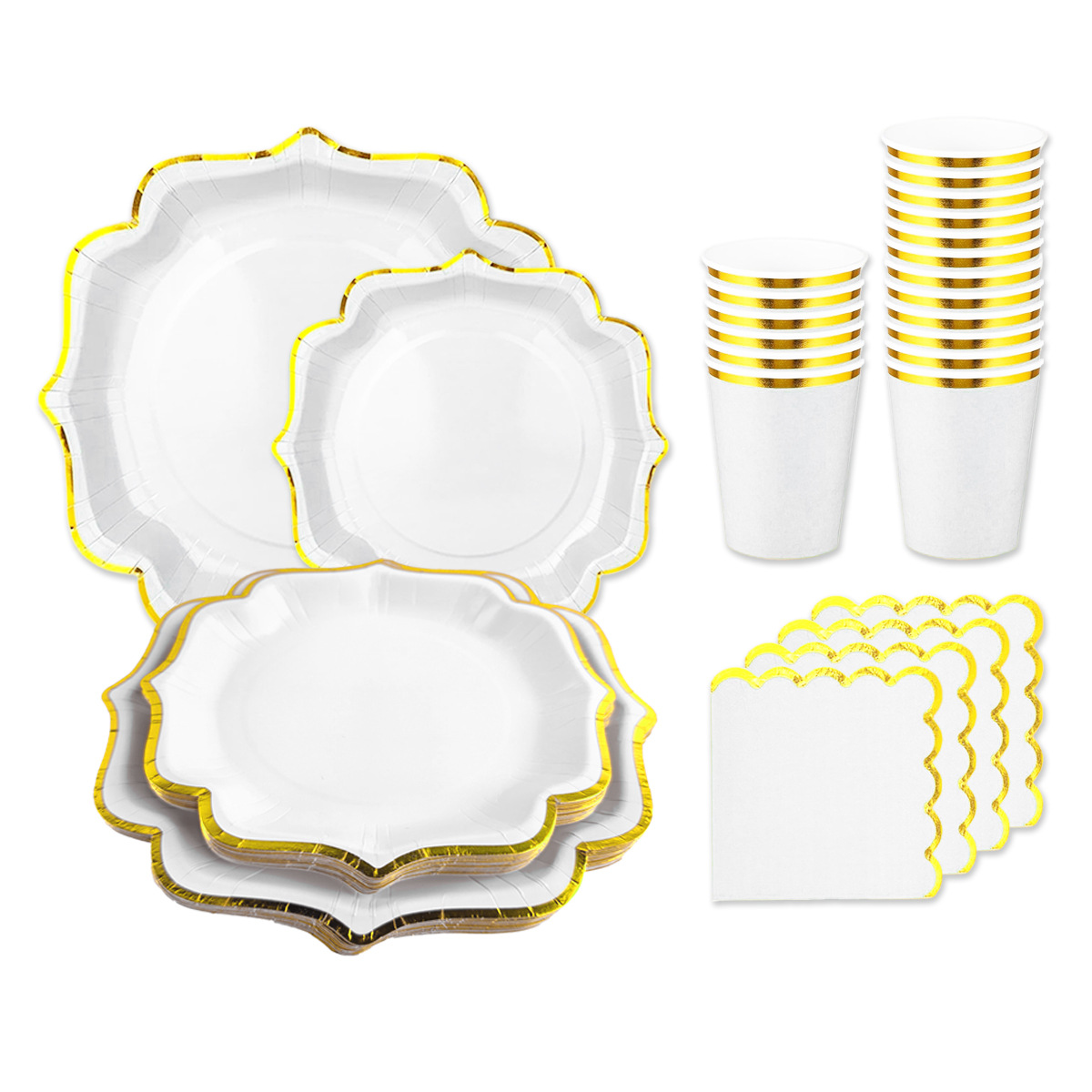 Amazon spot blanco estampado de cuatro cuadrados encaje juego de suministros de fiesta cubiertos desechables bandeja de papel tazas servilletas