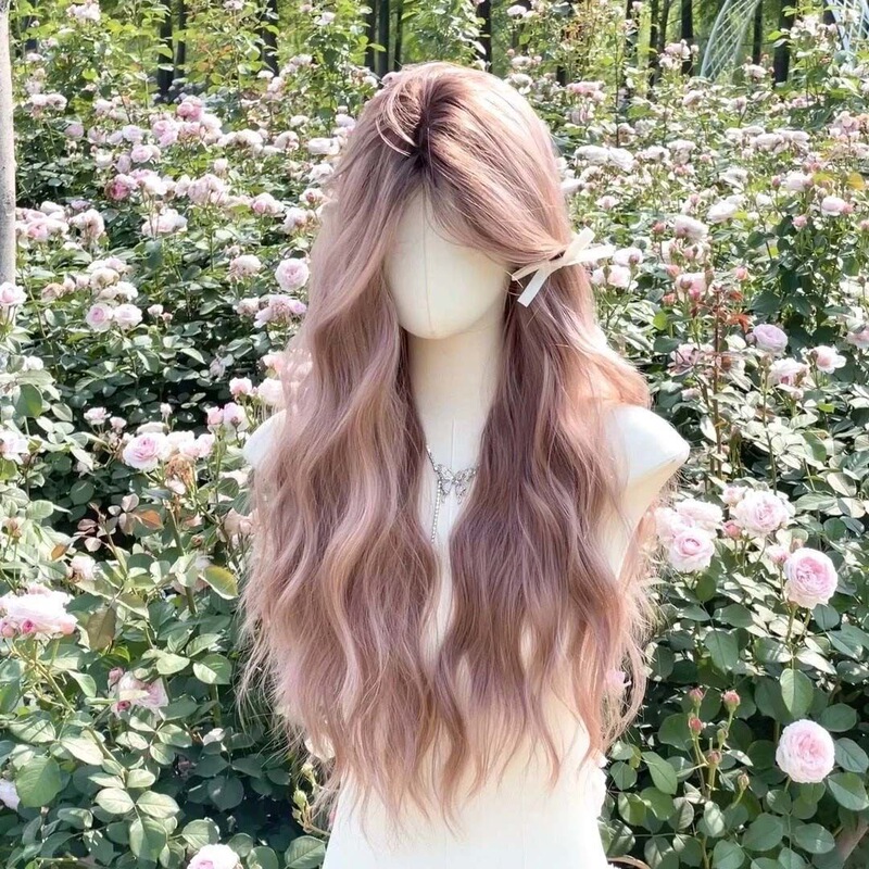 Rose Pink Long Wig with Middle Parting, Bangs, Water Wave, Slightly Curled, Grayish Pink, Sweet Style, Full Head Wig for Women Rose Pink Long Wig with Middle Parting, Bangs, Water Wave, Slightly Curled, Grayish Pink, Sweet Style, Full Head Wig for Women