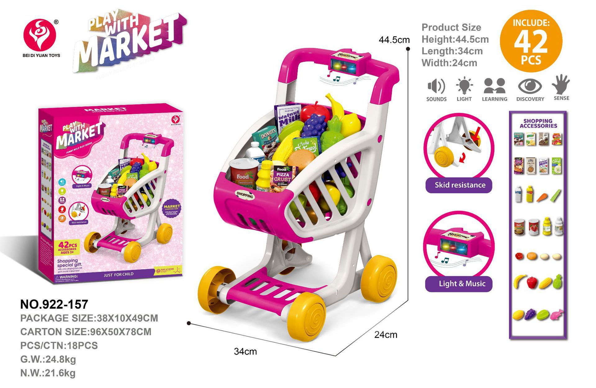 Simulación infantil transfronteriza iluminación de la casa, música, carrito de compras, juegos de supermercado de frutas, carrito de juguetes