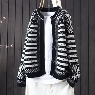 跨境女士开衫秋冬季新款圆领外穿宽松条纹长袖针织打底衫上衣外套
