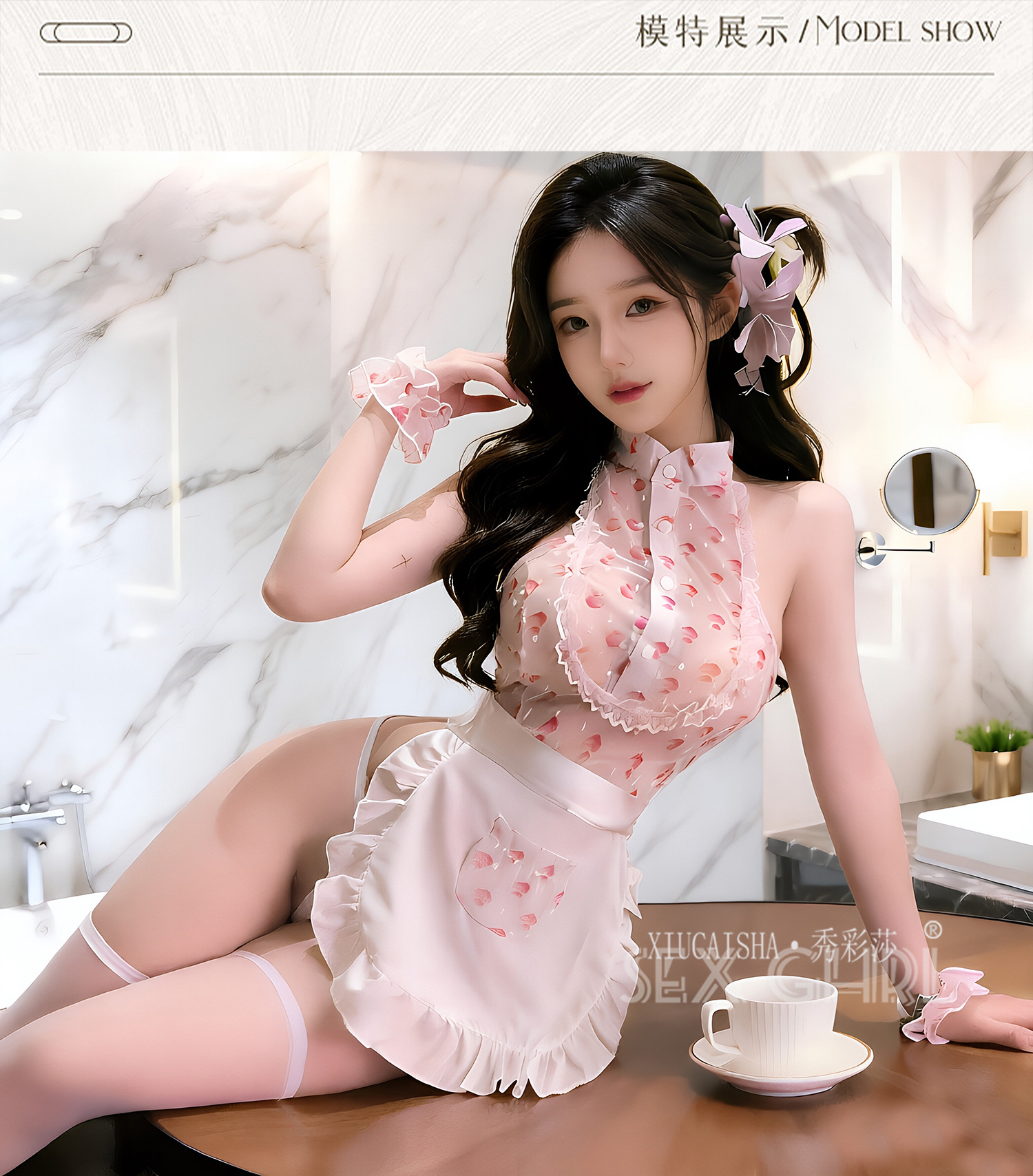 Maid Roleplay Lingerie Set with Chiffon Dress, Wrist Cuffs, Thong and Open-Crotch Stockings — detail image 4