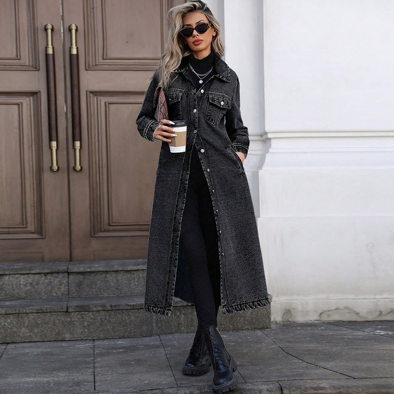 Elegant Long Denim Coat For Women, Mid Blue And Black Trench Style Jacket, Versatile Career Outerwear For Fall_ecoleips.com