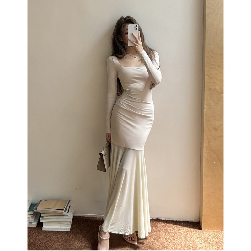 Real shot of the new 2026 autumn design square-neck dress, elegant semi-transparent spliced fishtail long dress