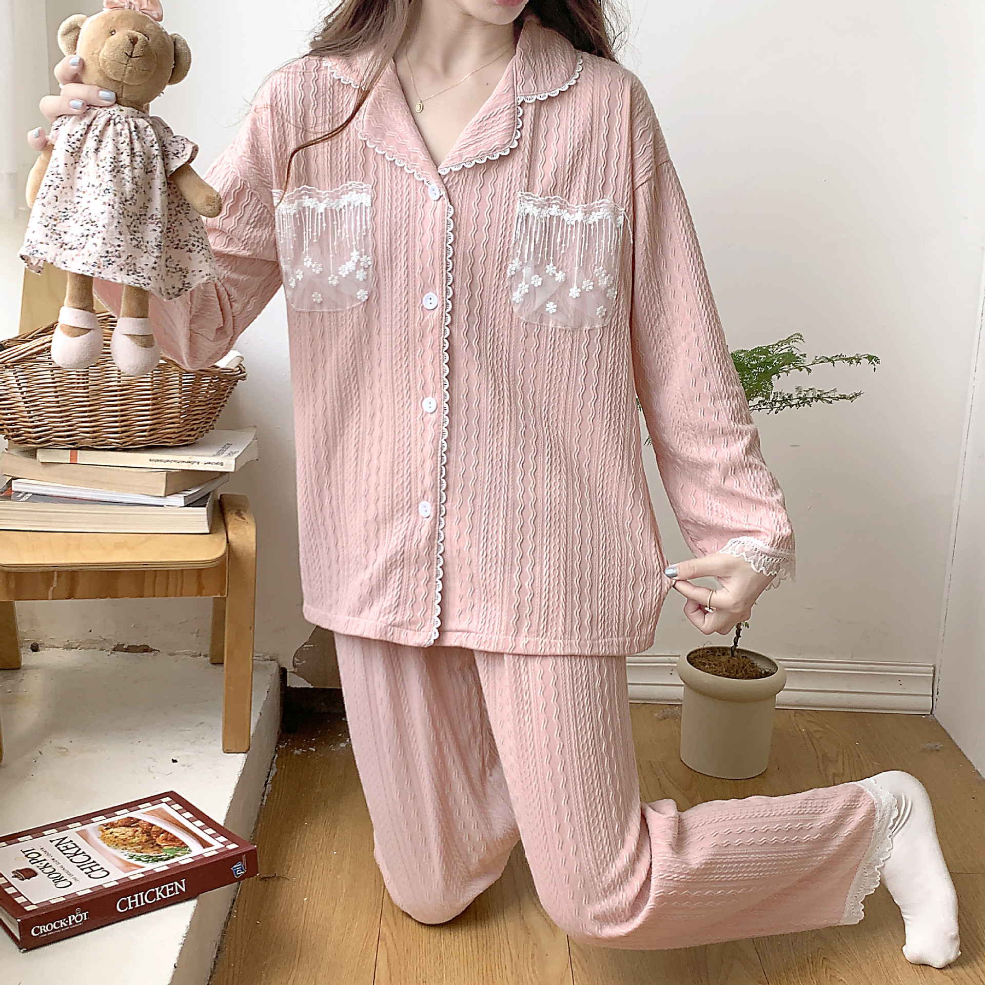 Estilo Chanel Sucio rosa pijamas de las mujeres jacquard algodón solapa cardigan manga larga otoño y el invierno dulce niña casual desgaste del hogar traje