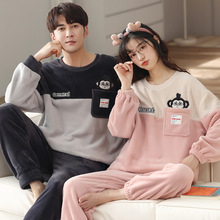 秋冬情侣珊瑚绒睡衣套装卡通套头男女同款法兰绒家居服一件代发