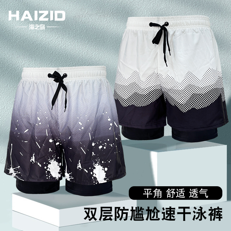 Swimming Trunks Men's Double-Layer Anti-Embarrassment 2025 Summer New Adult Swimsuit Large Size Loose Swimming Trunks Wholesale
