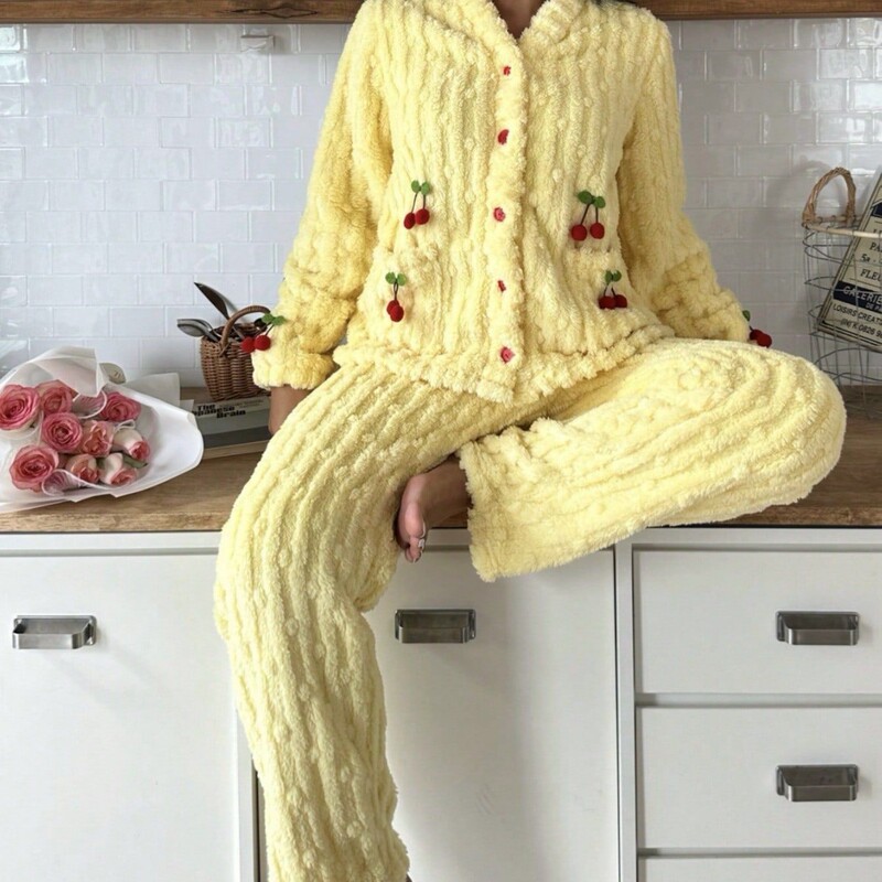 Cross-Border Popular Velvet Warm Pajamas Women's Suit Autumn and Winter Cute Cherry Sweet Girl Can Wear Pajamas Outside