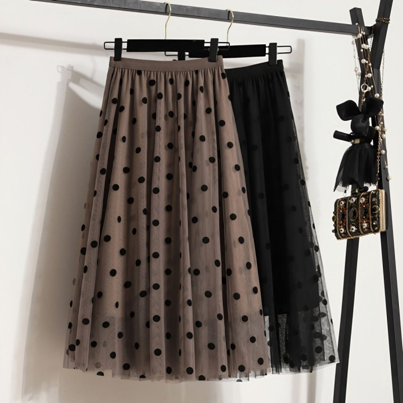 【Add velvet/No velvet】New elastic waist polka dot flocking mesh skirt long skirt mid-length tulle skirt skirt