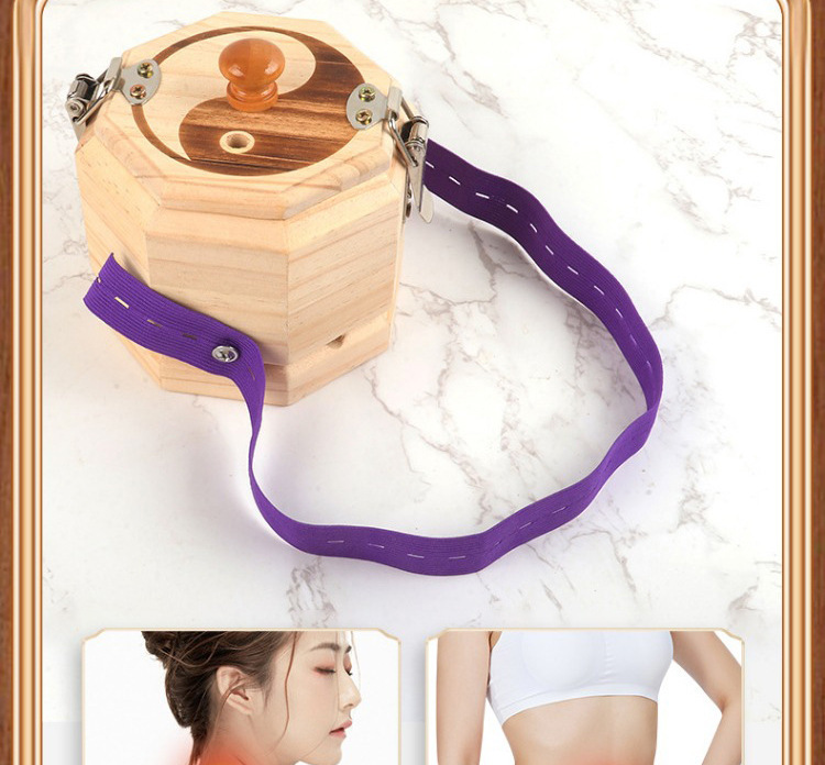 Solid Wood Bagua Moxa Jar Hanging Moxibustion Box with Strap for Abdomen Back Waist Warm Heat Therapy specifications