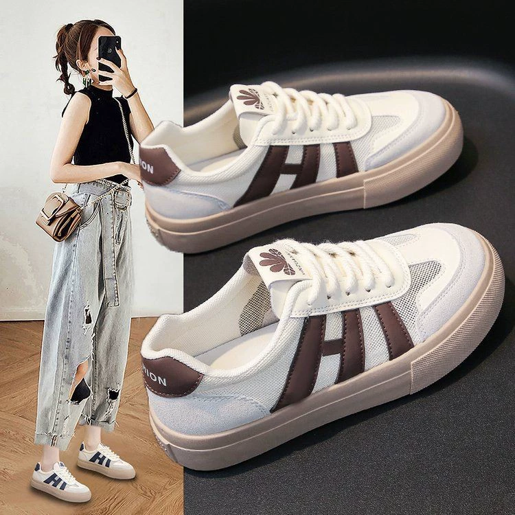 Обувь Agani с толстой подошвы женщины 2024 новая весна лето дикая спортивная сетка с тремя полосами повседневная мода маленькие белые туфли