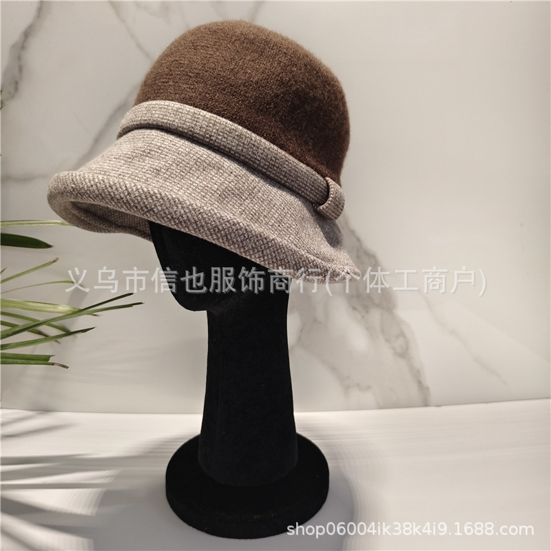 新款毛呢拼接帽子秋冬韩版英伦复古呢子加绒渔夫帽圆顶大檐礼帽女|undefined