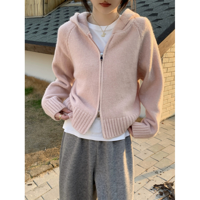 Coreana doble cremallera con capuz de punto Cardigan de mujer otoño invierno exterior diseño sensación perezosa suave abrigo de suéter de aire