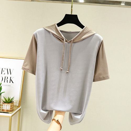 Women's Summer Thin Ice Silk T-Shirt, Color Block Hooded Short Sleeve Sweatshirt, Outerwear Loose Knit Top