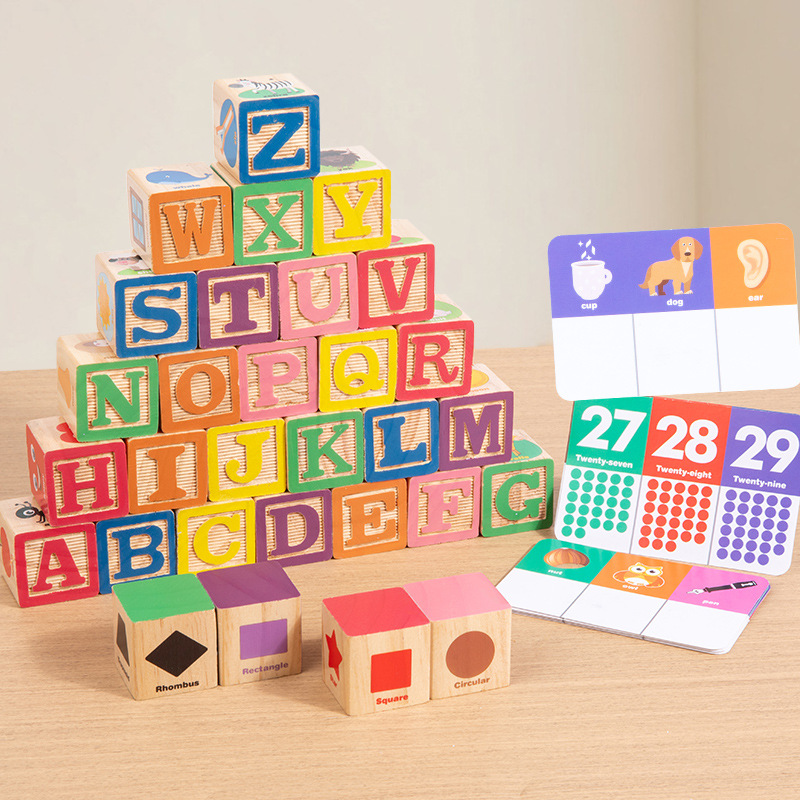 Educación temprana infantil madera alfabetizado inglés bloque de construcción iluminación forma de color cognitivo juguete puzzle image 2
