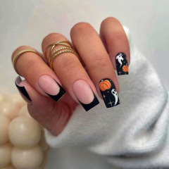 Sanding sweet cool black French Halloween party nail art pumpkin ghost false nails finished wear nail nail piece