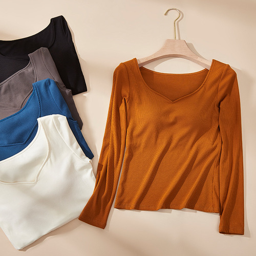 Warm autumn and winter cup all-in-one underwear with chest pad, thickened German velvet, heated acrylic, brushed long-sleeved women's autumn top