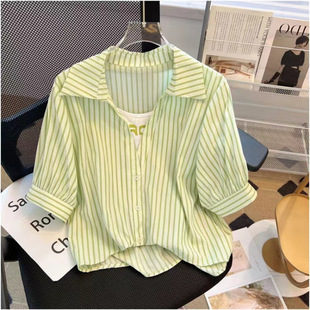 2025 New Summer Short-Sleeved Chiffon Tops Women's Fashion Two-Piece Striped Shirts Fashionable Summer Shirts