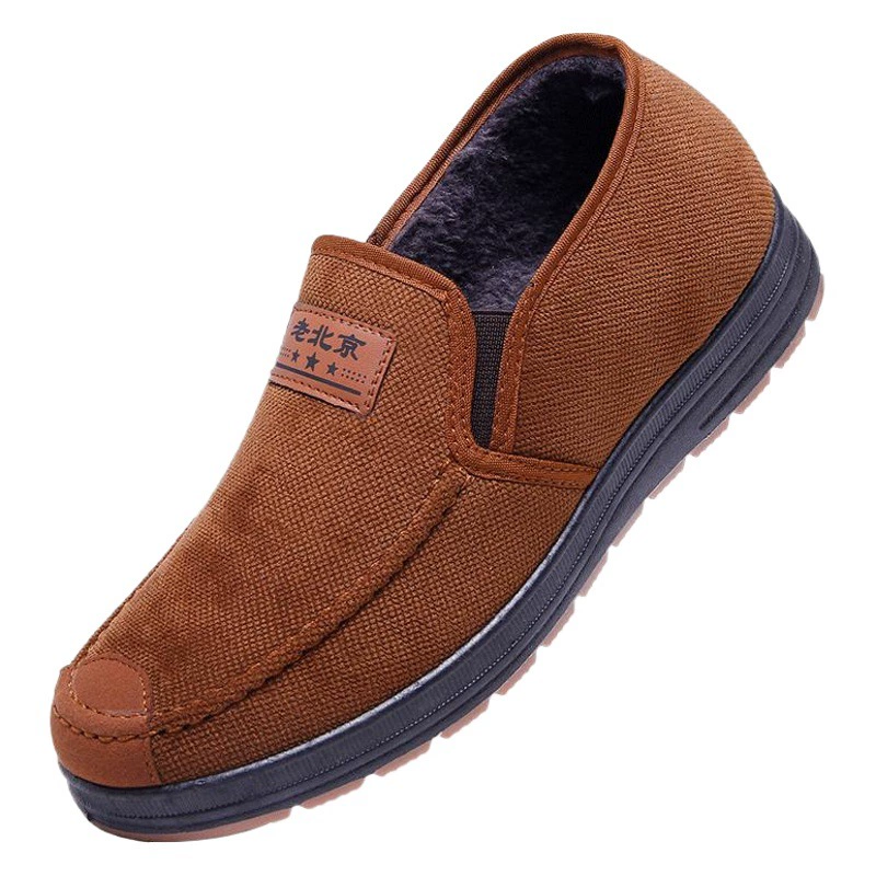 Зимние старые пекинские тканевые туфли с бархатом и утолщенная мужская хлопковая обувь, нескользящая повседневная мужская обувь без шнуровки среднего и пожилого возраста.