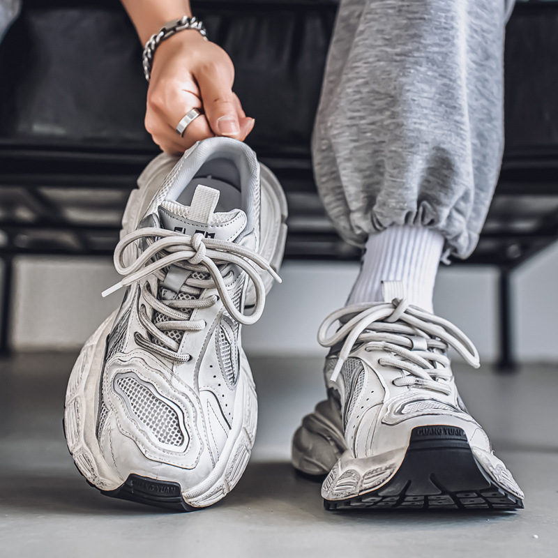 Hong Kong Style Men's Shoes 2025 New Autum Casual Sports Youth Distressed Running Wide Feet Heightening Thick-Soled Dad Shoes