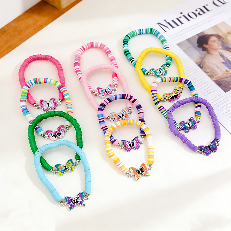 Cross-Border Fashion Oil-Dropping Butterfly Animal Multi-Piece Set of Colorful Soft Clay Fruit Elastic Braided Friendship Bracelet Set
