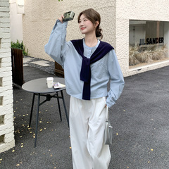 浅蓝色韩系针织披肩衬衫套装女2025秋小个子气质休闲阔腿裤两件套