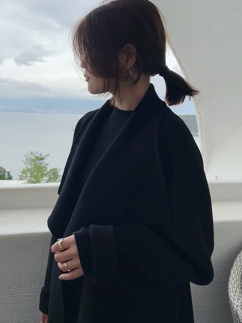 Длинный широкий лацкан Raglan рукава, свободный, стильный, элегантный, шнуровка, надколенный двухсторонний шерстяной пальто