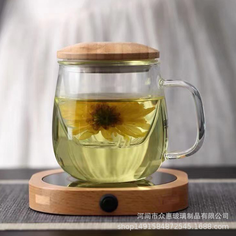 Filter Green Tea Cup with Handle, High Borosilicate Glass Tea and Water Separation Three-Piece Cup Wholesale Office Glass Tea Cup