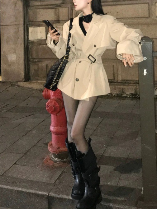翻领双排扣风衣女秋季新款高级感宽松中长款垫肩廓形外套|undefined