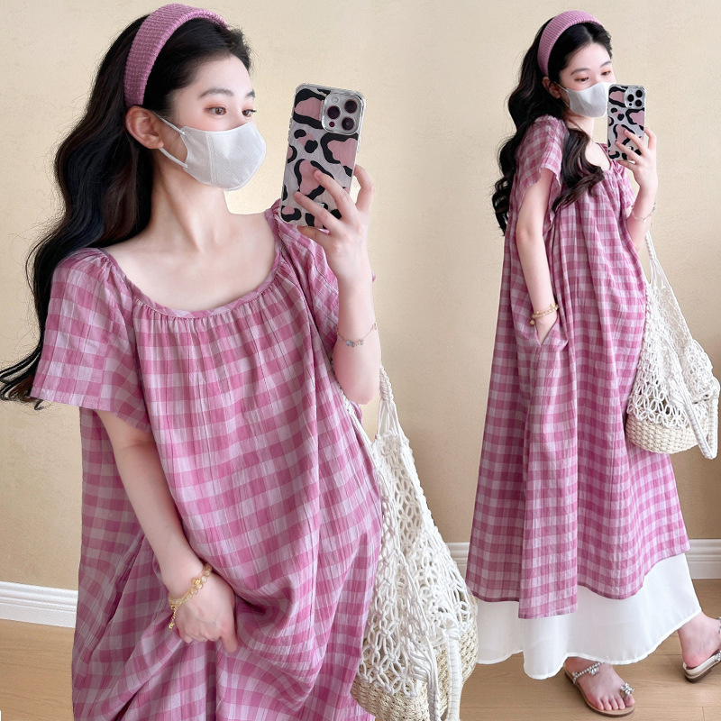 Maternity Wear Summer New Trendy Mom Design Plaid Splicing Dress Fashionable Large Size Long Skirt Summer Thin Style