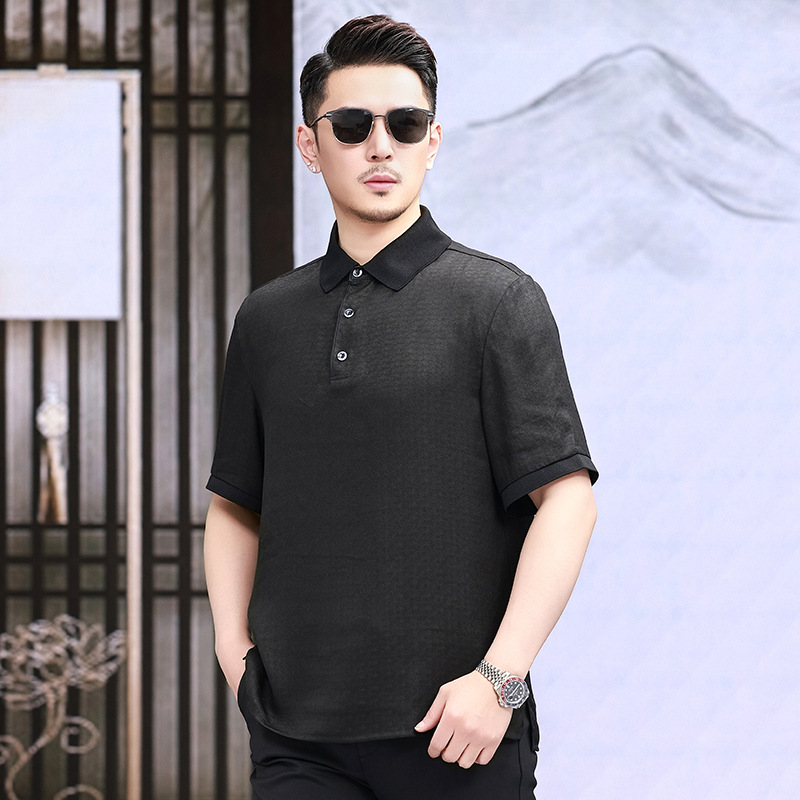 Áo polo nam tay ngắn lụa tơ tằm Xiangyunsha thoáng khí — Màu đen 2968